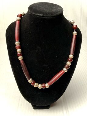 Vintage Wood Silver Tone Beaded Bohemian Boho Necklace Artisan Retro 80s Tribal